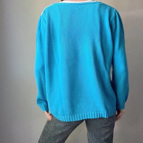 Vintage Blue Turquoise Color Block Knit Crewneck Sweater - Picture 6 of 7